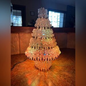 Vintage Safety Pin Christmas Tree 10" tall Clear Beads Lights Handmade